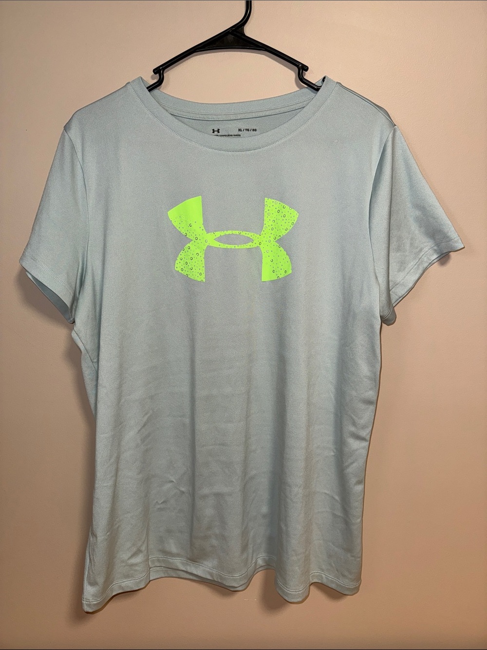 Under Armour Women's Pale Blue Short Sleeve Tee with Neon Yellow Logo